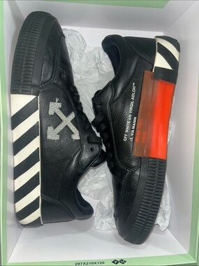 Off-White Black Leather Low-Top Sneakers with Red Heel Accent